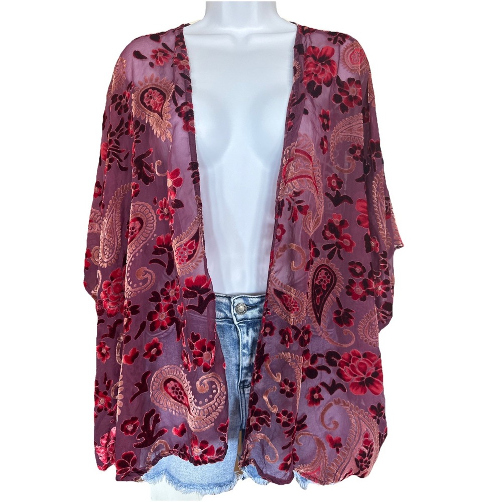 Umgee Velvet Sheer Floral Kimono Size M/L Feminine Festive Boho Open Cardigan - Picture 3 of 10